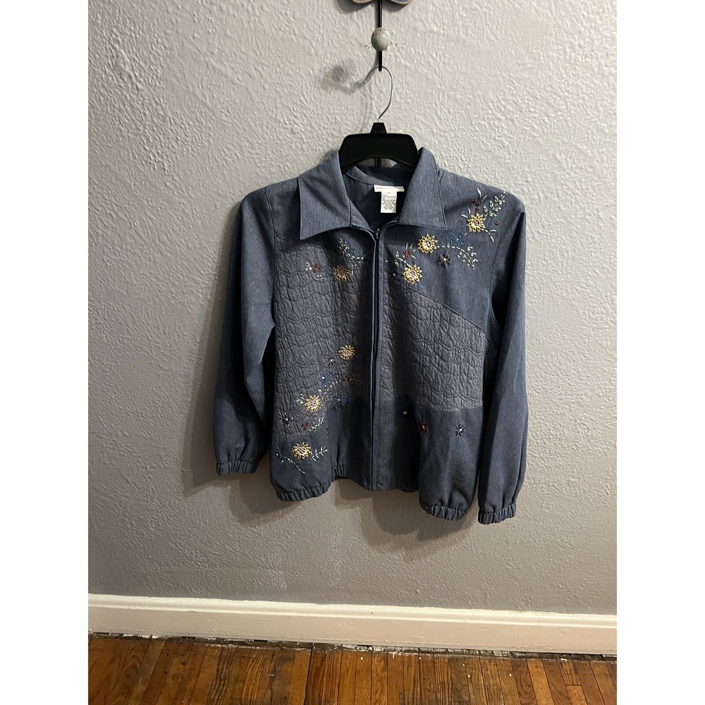 Alfred Dunner Blue Zip Jacket Floral Embroidered Ltweight Size 12